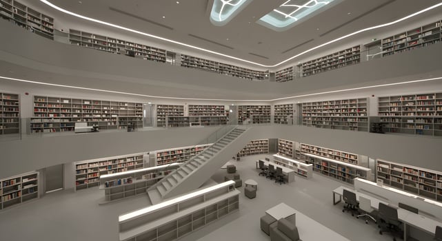 A library with many bookshelves and a staircase photo