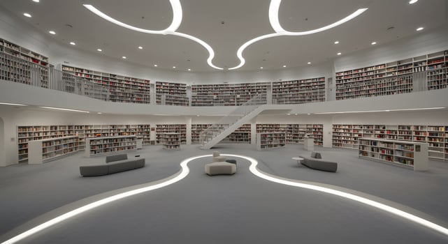A library with a circular staircase and a lot of books photo