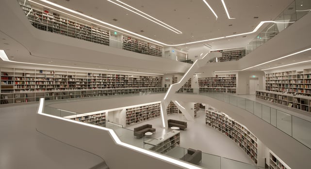 A library with many bookshelves and stairs photo