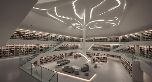 A library with a tree in the middle of it photo