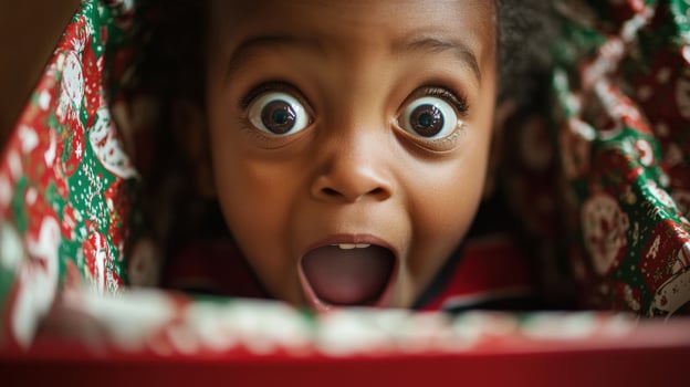 A child's surprised expression peeking from a holiday present. photo
