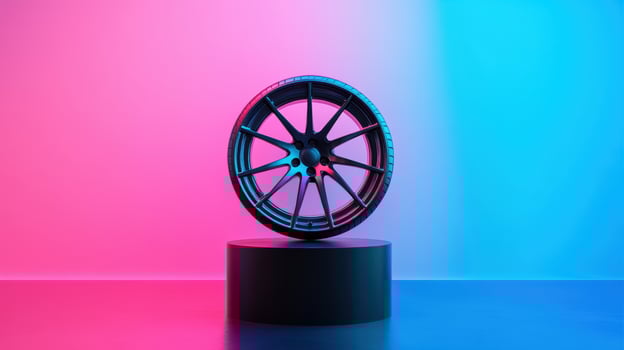 Sleek black alloy wheel displayed on minimalist pedestal with vibrant blue and pink gradient background illuminating the scene. Tires with rubber tread on alloy wheels photo