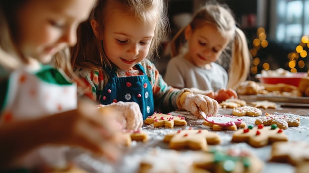 Three young children decorate holiday cookies together. photo