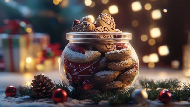 Christmas cookies in a glass jar, festive ambiance. photo