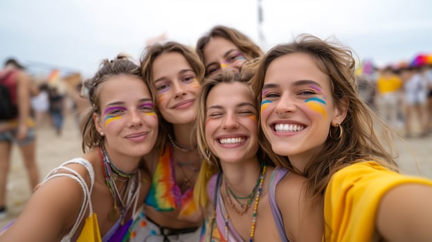 Festival friends with rainbow-inspired makeup photo