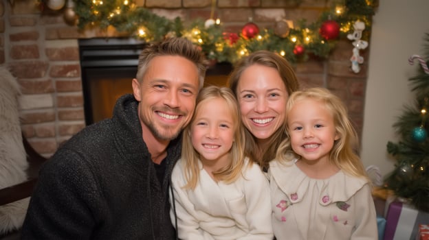 Happy family portrait in front of decorated Christmas fireplace photo