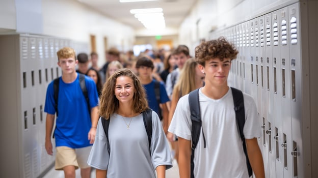 Teenagers navigating crowded hallway in high school building photo