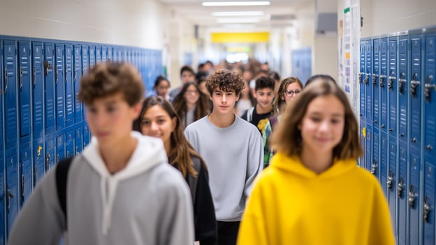 School corridor filled with students carrying backpacks during break photo