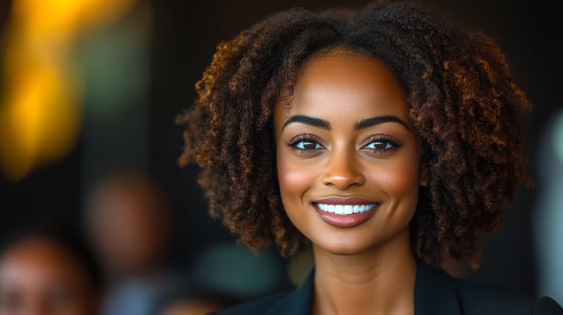 Smiling woman poses confidently indoors. A woman with curly hair smiles warmly indoors, radiating confidence and positive energy. photo