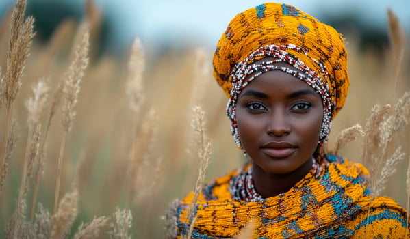 Woman in vibrant attire. A woman stands amid tall grass, wearing colorful traditional clothing and accessories that reflect her heritage. photo