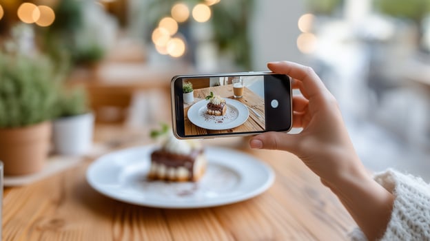 Hand capturing dessert photo with smartphone in cozy cafe