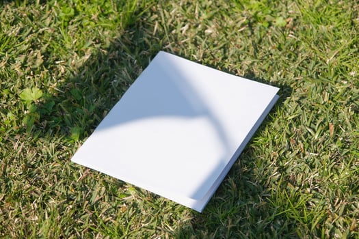 Mockup magazine on green grass background flags shadow photo
