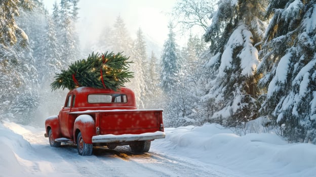 Snowy winter scene with a vintage truck carrying a Christmas tree. photo