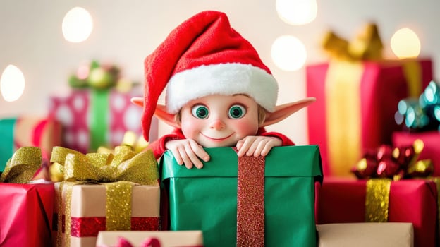 Festive elf figurine amidst wrapped presents. photo