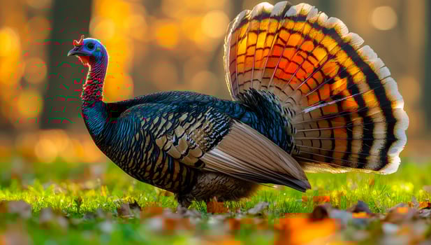 Autumn wild turkey display. A vibrant wild turkey spreads its colorful feathers amidst fallen leaves during a sunny autumn afternoon. photo
