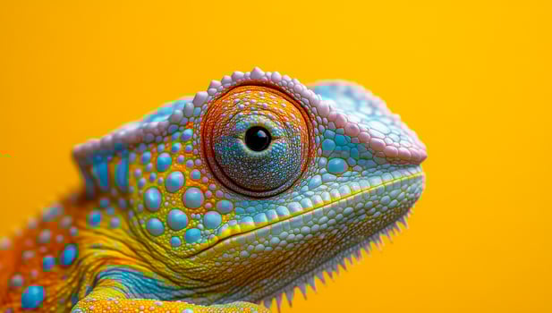 Colorful lizard displays vibrant scales. A close-up shows a colorful lizard with unique patterns on a vivid yellow background. photo
