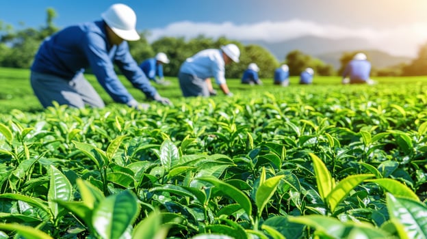 Agricultural workers harvesting a tea plantation. photo