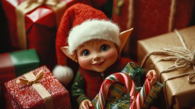 Festive elf figurine surrounded by holiday gifts. photo