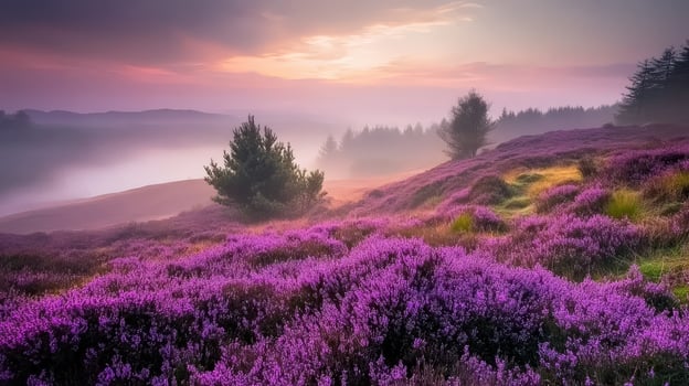 Misty morning landscape of purple heather hills. photo