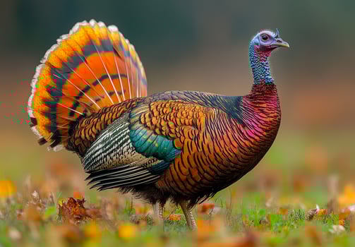 Colorful wild turkey displaying feathers. A vibrant wild turkey showcases its iridescent plumage in a forest during autumn, surrounded by fallen leaves. photo