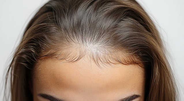 Hair care tips for managing baby hairs. A close-up view of a forehead showcasing fine baby hairs, highlighting hair texture and styling techniques. photo