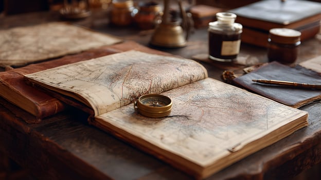 A vintage compass rests on an antique map book amid historical artifacts on a wooden desk photo