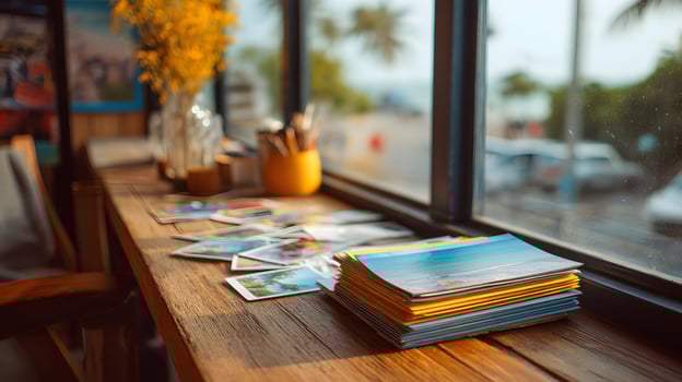 Coastal dreams inspiration postcards arrangement on a wooden table next to a bright window photo