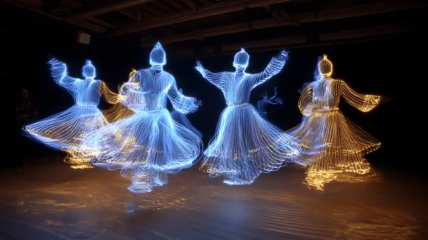 Mystical whirl of light a mesmerizing dervish performance with swirling robes in rhythmic dance photo
