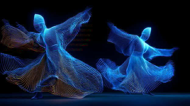 Graceful neon dancers in flowing gowns, illuminated by futuristic light, exuding ethereal elegance photo