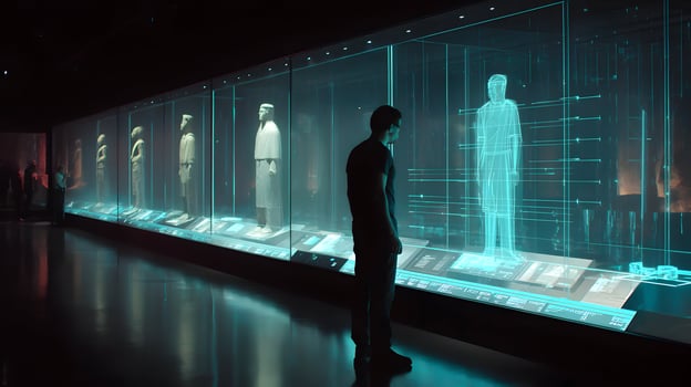 Exploring ancient civilizations a visitor contemplates digital renderings in the museum hall photo