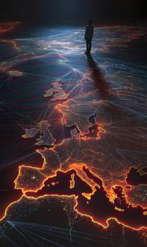 A solitary figure stands on a glowing map of Europe contemplating future connections photo