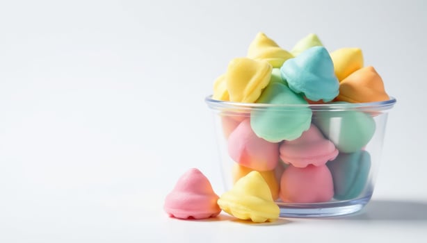 A glass container filled with colorful marshmallows photo