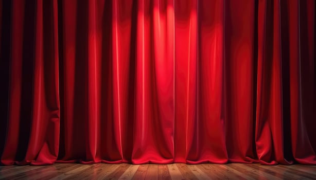A red curtain is shown in front of a wooden floor photo