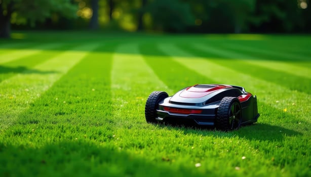 A robotic lawn mower is sitting on the grass photo