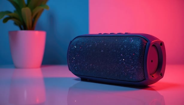 Stylish portable Bluetooth speaker on vibrant surface, trendy, surface photo