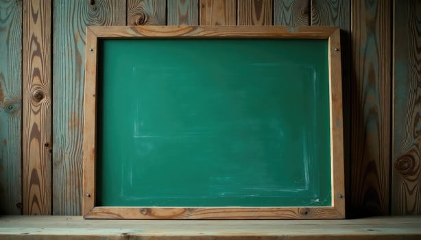 A green chalk board sits on top of a wooden wall photo