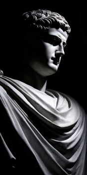 Marble bust of a stoic figure illuminated by dramatic lighting in a dark setting photo