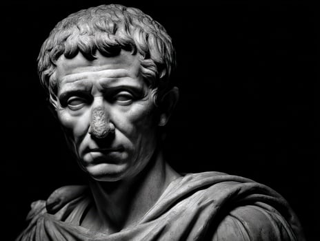 Stoic marble bust of a Roman figure highlighting ancient craftsmanship in a dark setting photo