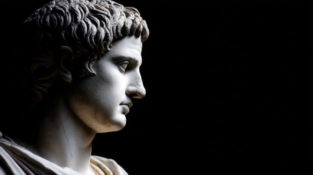 Stoic bust depicting a young male figure captured in soft light with dark background photo