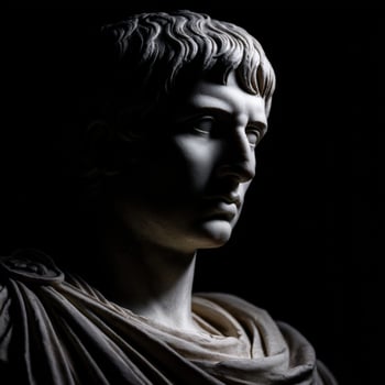 Marble statue of a stoic figure illuminated by dramatic lighting in a dark setting photo