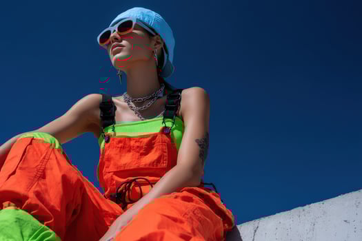 Fashionable young woman showcasing vibrant street style against a clear blue sky photo