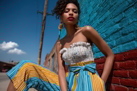 Model showcases vibrant summer fashion against a colorful urban backdrop in midday sunlight photo