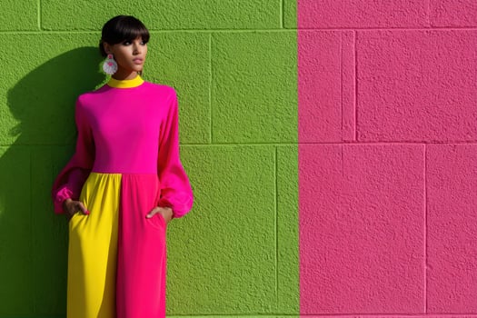 Bright color block fashion statement in urban setting during daytime photo