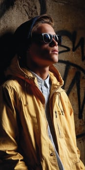 A young man in a yellow jacket and sunglasses photo