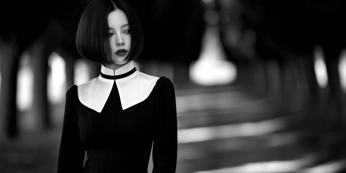 A woman in black and white standing in the woods photo