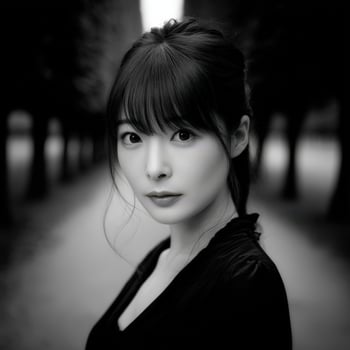 A black and white photo of a woman in a park