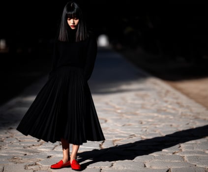 A woman in a black dress and red shoes standing on a path photo