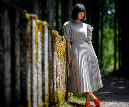 A woman in a pleated skirt and red shoes photo