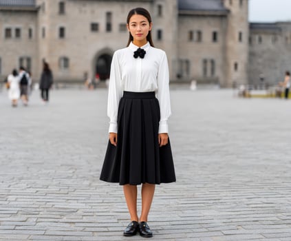 Elegant young woman wears black and white attire in historic city square during daytime photo