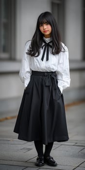 Young woman in stylish black and white outfit stands confidently on city street photo